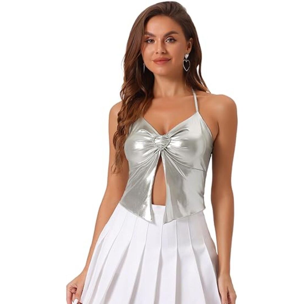 Backless Asymmetrical Spaghetti Straps Halter Sparkle Tank, XS, 5B-144T007